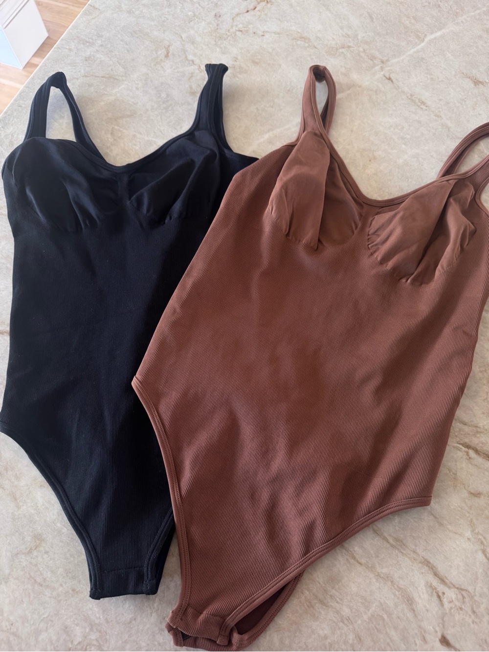 OQQ 2PC Ribbed Seamless Bodysuit Bundle Black Brown Tank Size M/L